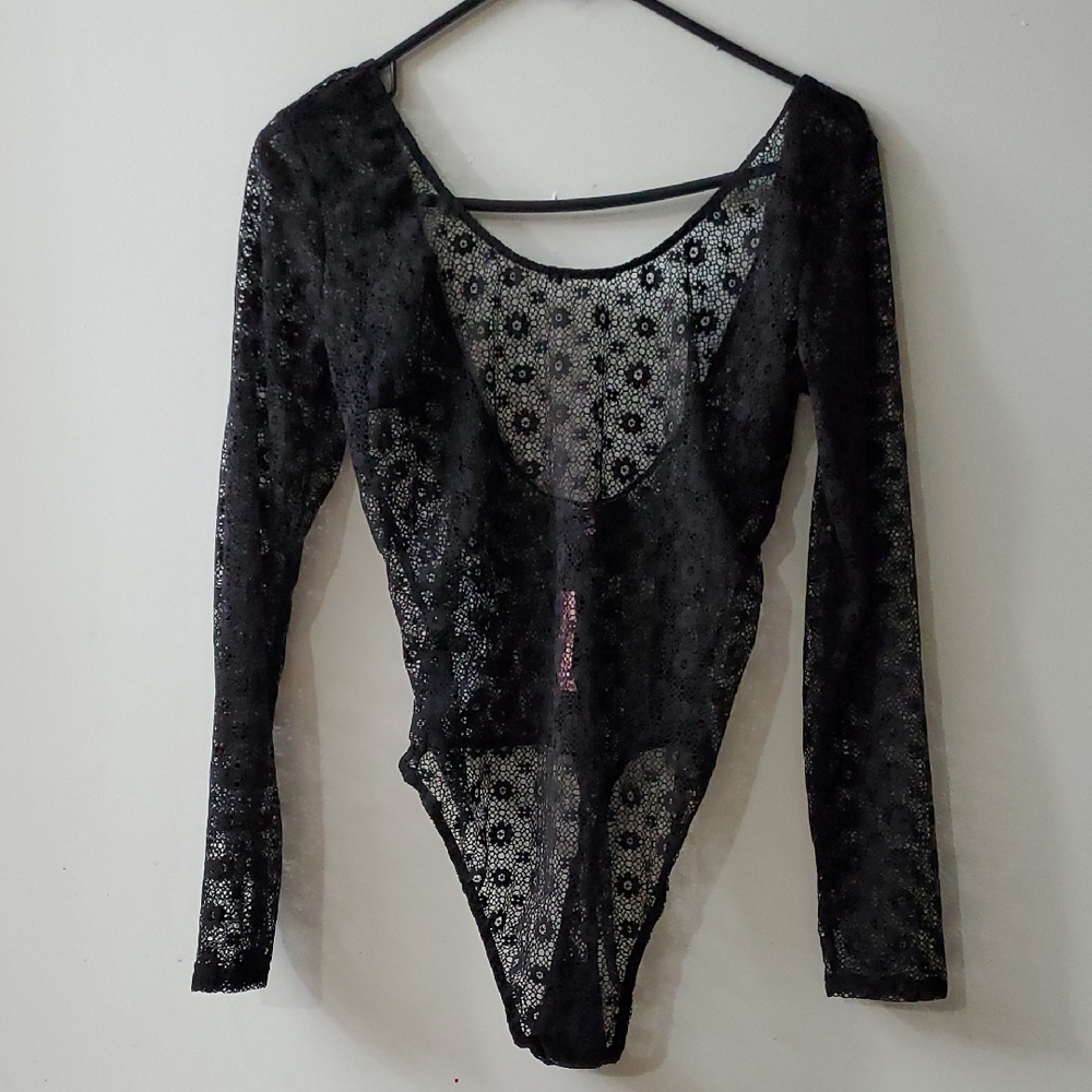 Victoria's Secret Black Floral Lace Bodysuit